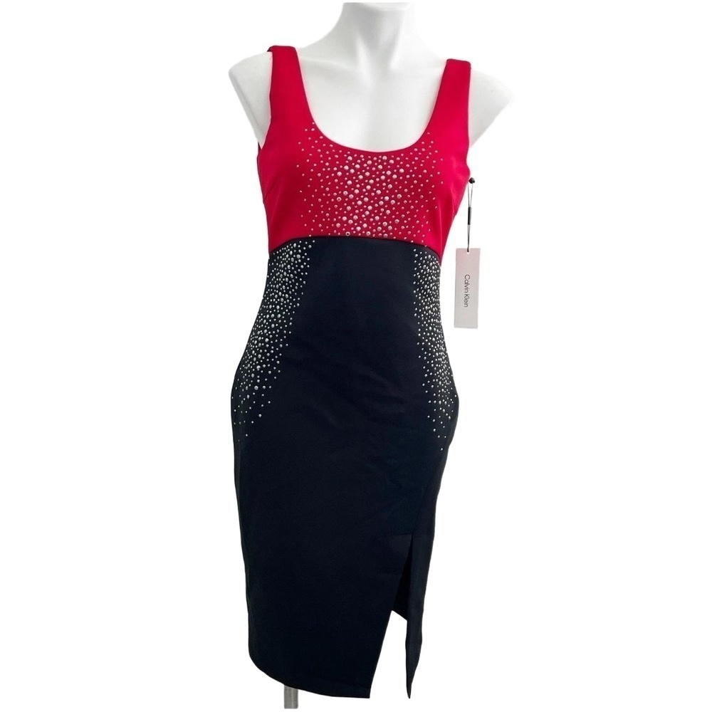 Calvin Klein Studded Sheath Dress Black Red Size 4 Womens - Picture 2 of 8